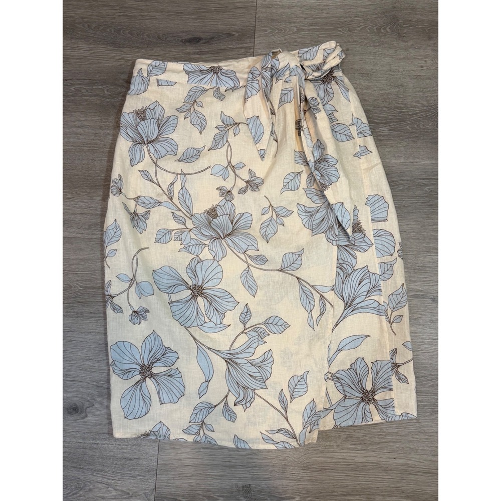 Cynthia Rowley 100% Linen Floral Wrap Midi Skirt Size Medium Blue Cream - Picture 6 of 13